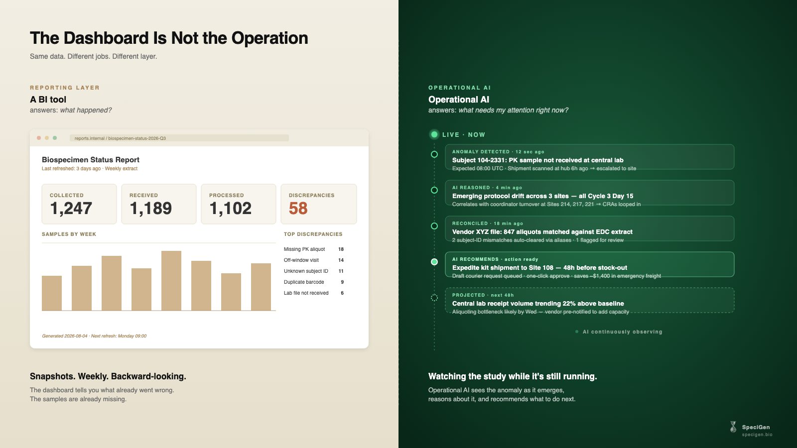 Split-panel diagram. Left: a BI-tool dashboard with KPI tiles for Collected / Received / Processed / Discrepancies, a bar chart of samples by week, a top-discrepancies table, and a 'last refreshed 3 days ago' timestamp. Caption: Snapshots. Weekly. Backward-looking. Right: an operational-intelligence live event stream on a dark green ground showing four recent events — anomaly detected 12 seconds ago, pattern recognized 4 minutes ago, reconciled 18 minutes ago, projected next 48 hours. Caption: Signals. Continuous. Forward-looking.